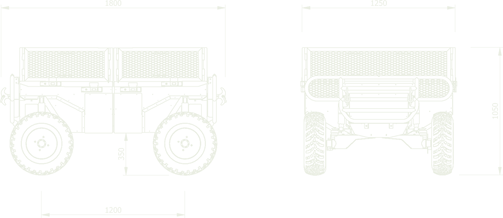 Dimensioned side and rear views of Badger: 1800 mm long, 1250 mm wide, 1050 mm high, 1200 mm wheelbase, 350 mm ground clearance.