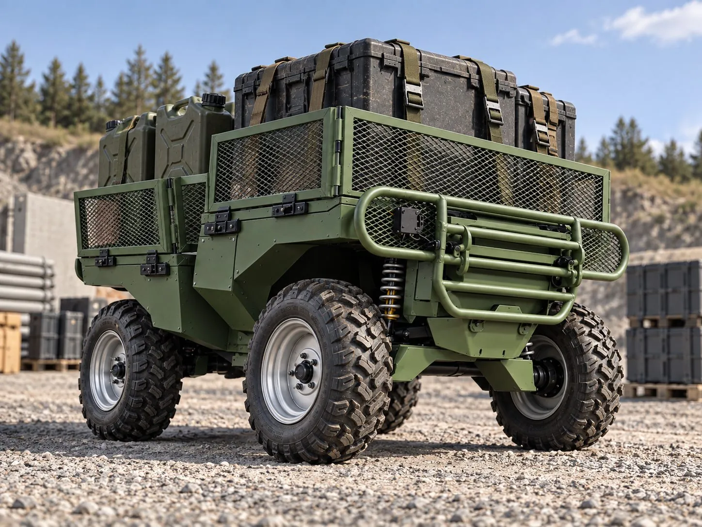 Badger loaded with transit cases, jerry cans and strapped stores.